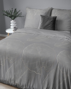 Pościel Bawełna Satynowa 220x200 - Grafitowa Złote Liście